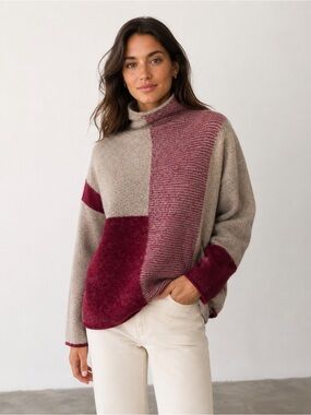 Colorblock Mock Neck Cozy Oversized Sweater Red Beige Size Small